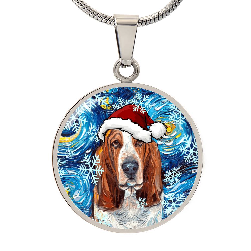 Basset Hound In Santa Hat Starry Night Round Necklace.