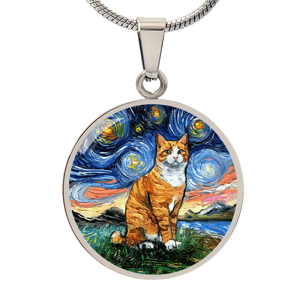 Orange Tuxedo Tabby Starry Night Round Pendant