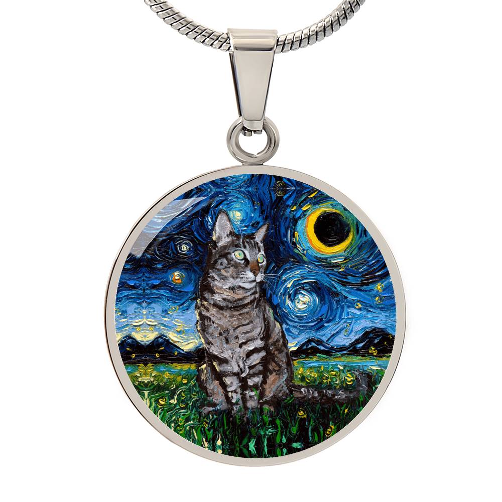Tabby Cat Starry Night Round Necklace