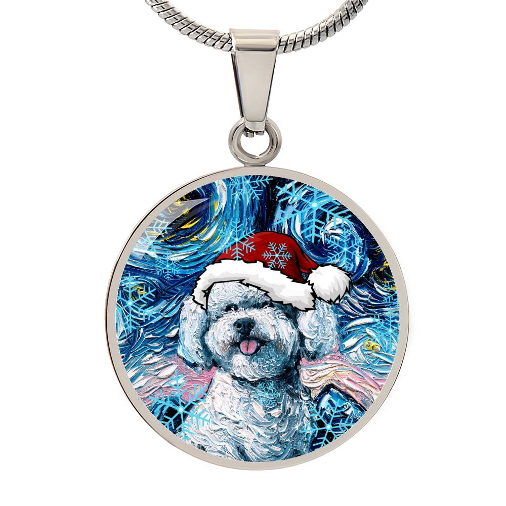 Bichon Frise In Santa Hat Starry Night Round Necklace