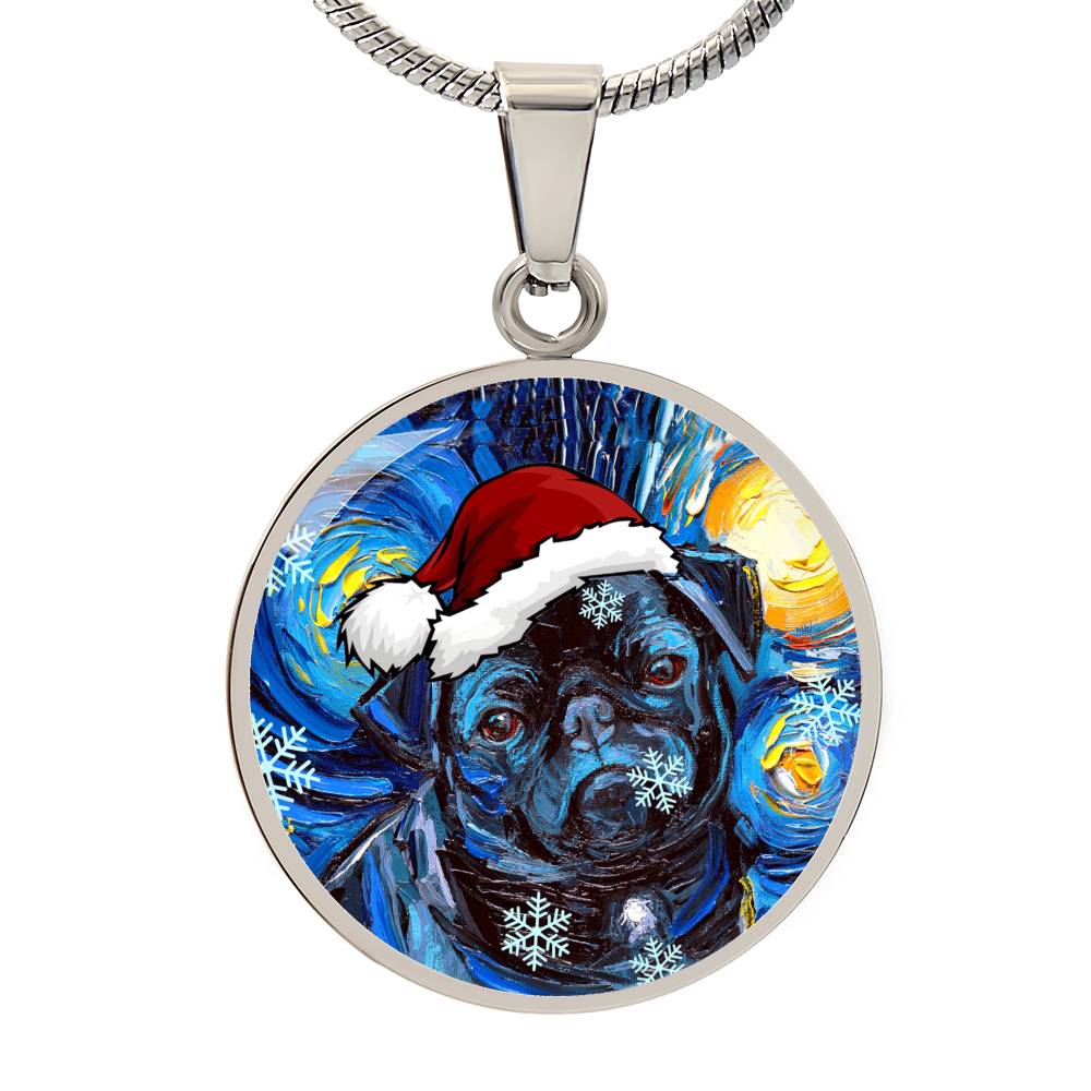 Santa Black Pug Starry Night Round Necklace