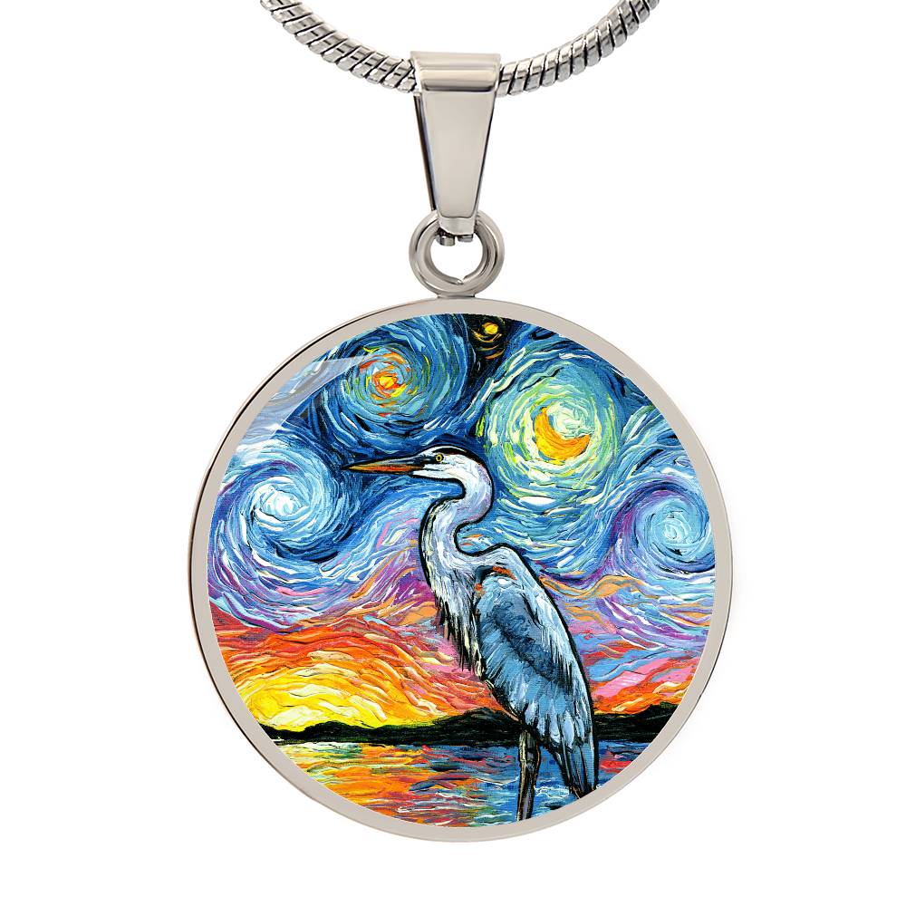 Blue Heron Starry Night Round Necklace