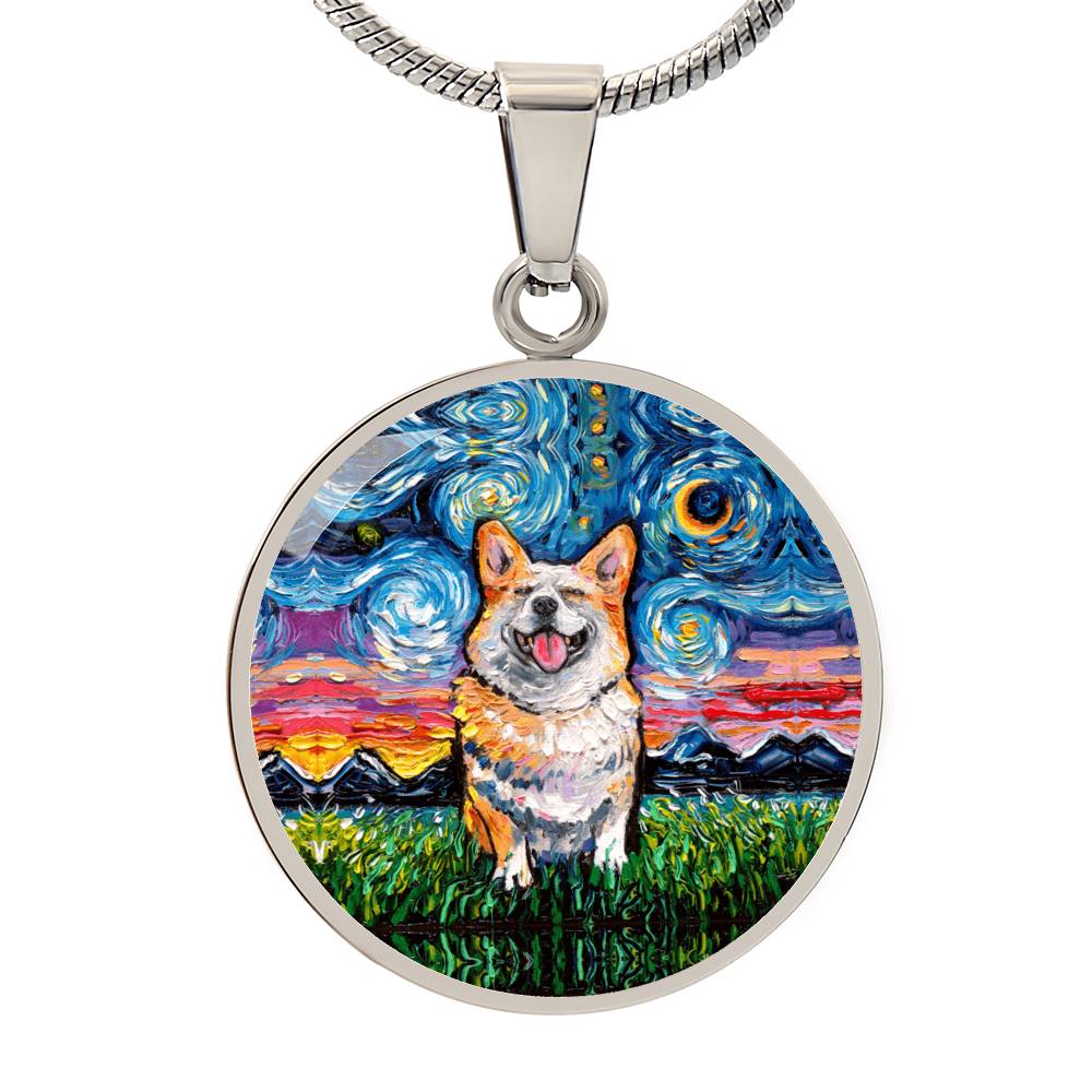 Smiling Corgi Starry Night Round Necklace