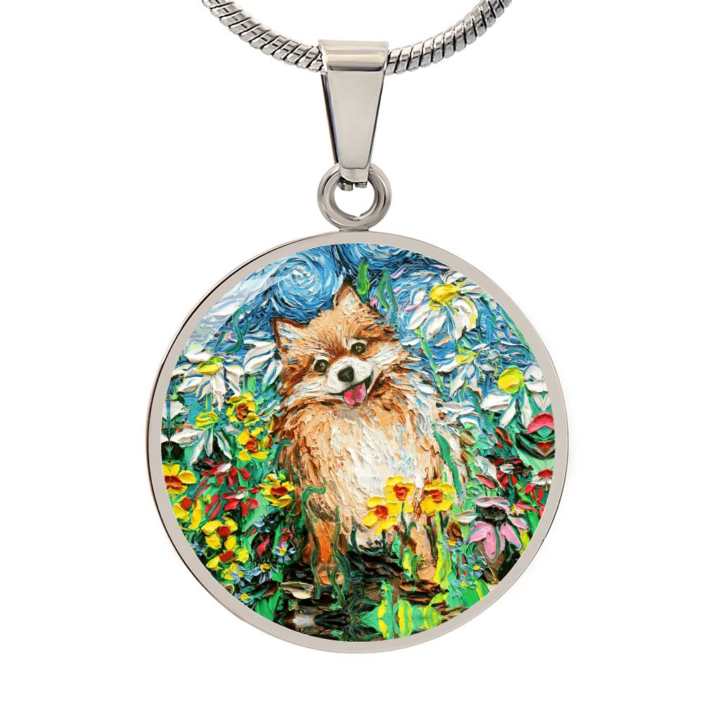 Happy Pomeranian Starry Night Round Necklace