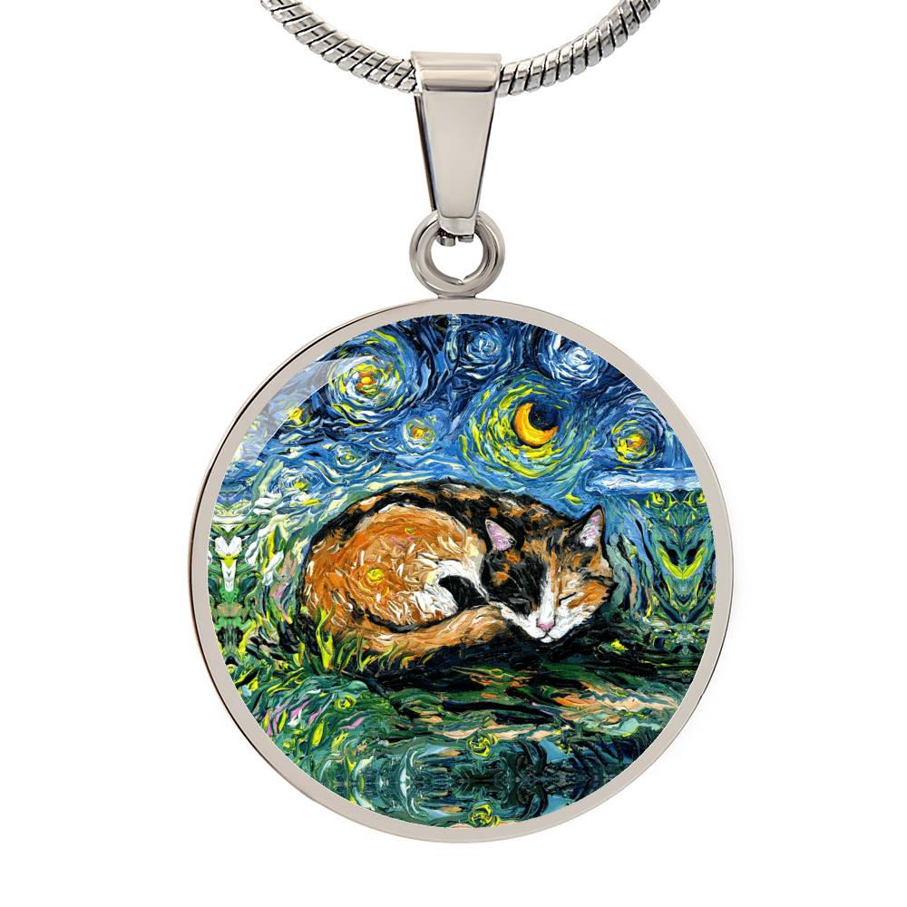 Sleeping Calico Cat Starry Night Round Necklace