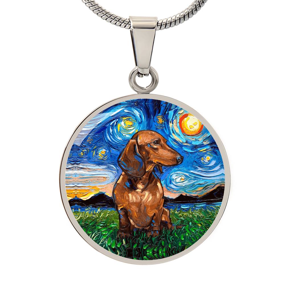 Brown Dachshund Starry Night Round Necklace