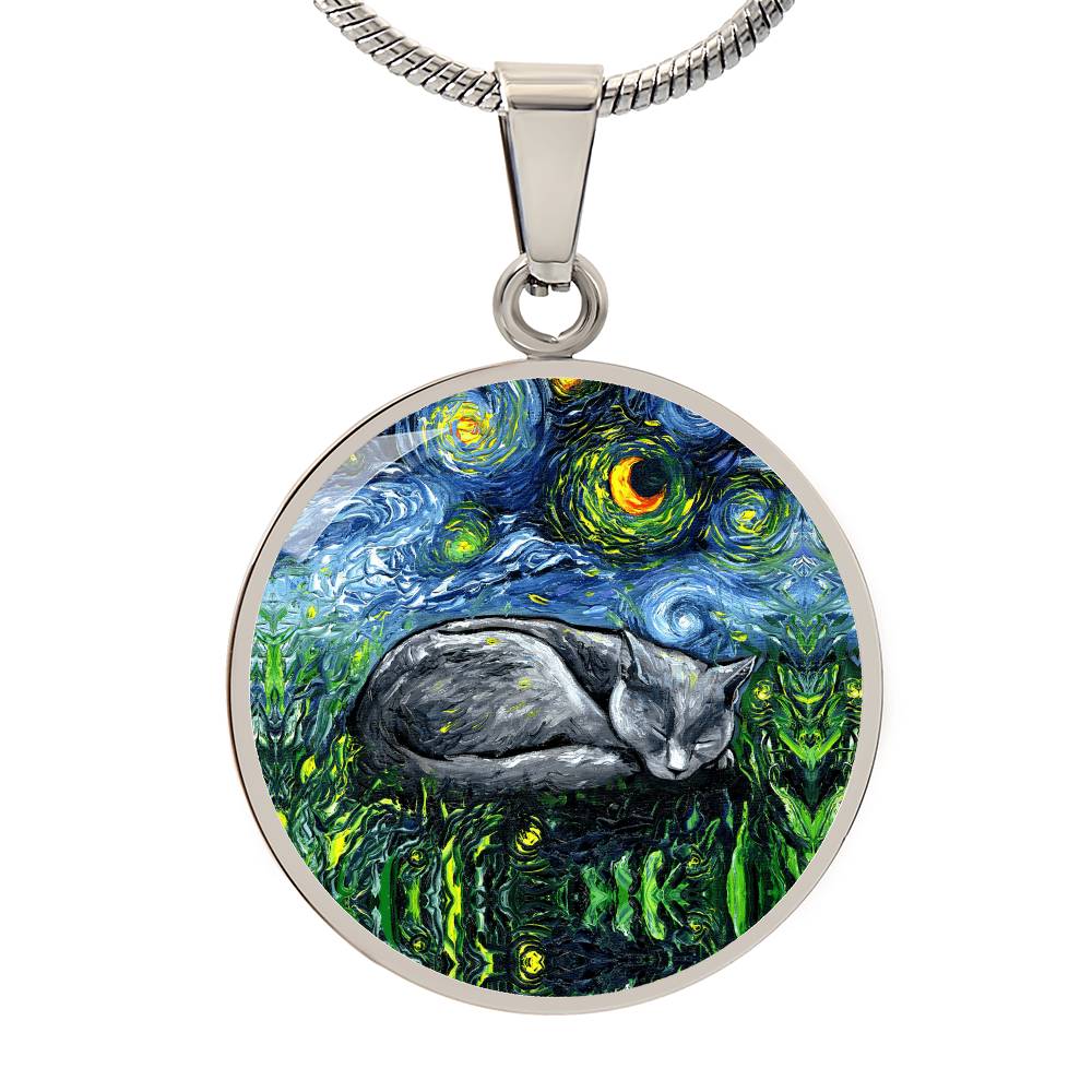 Sleeping Russian Blue Cat Starry Night Round Necklace