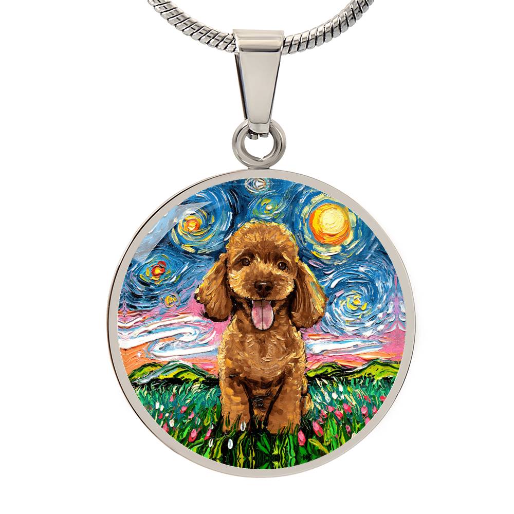 Apricot Poodle Puppy Starry Night Round Necklace
