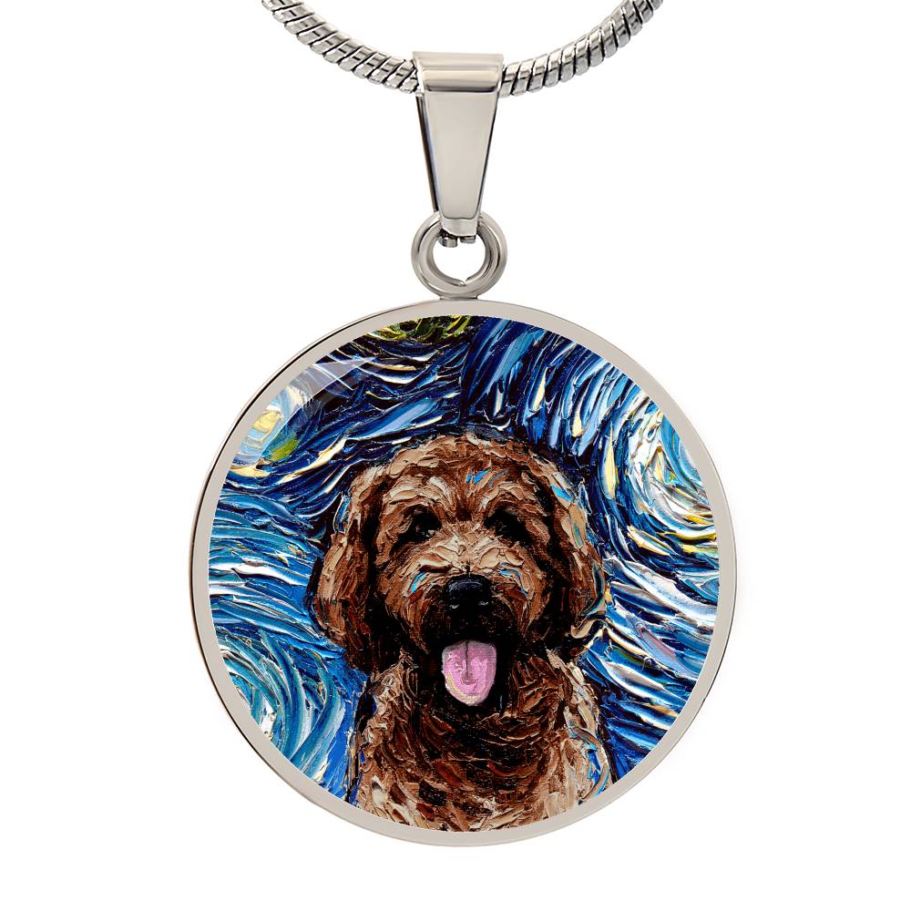 Chocolate Goldendoodle Starry Night Round Necklace