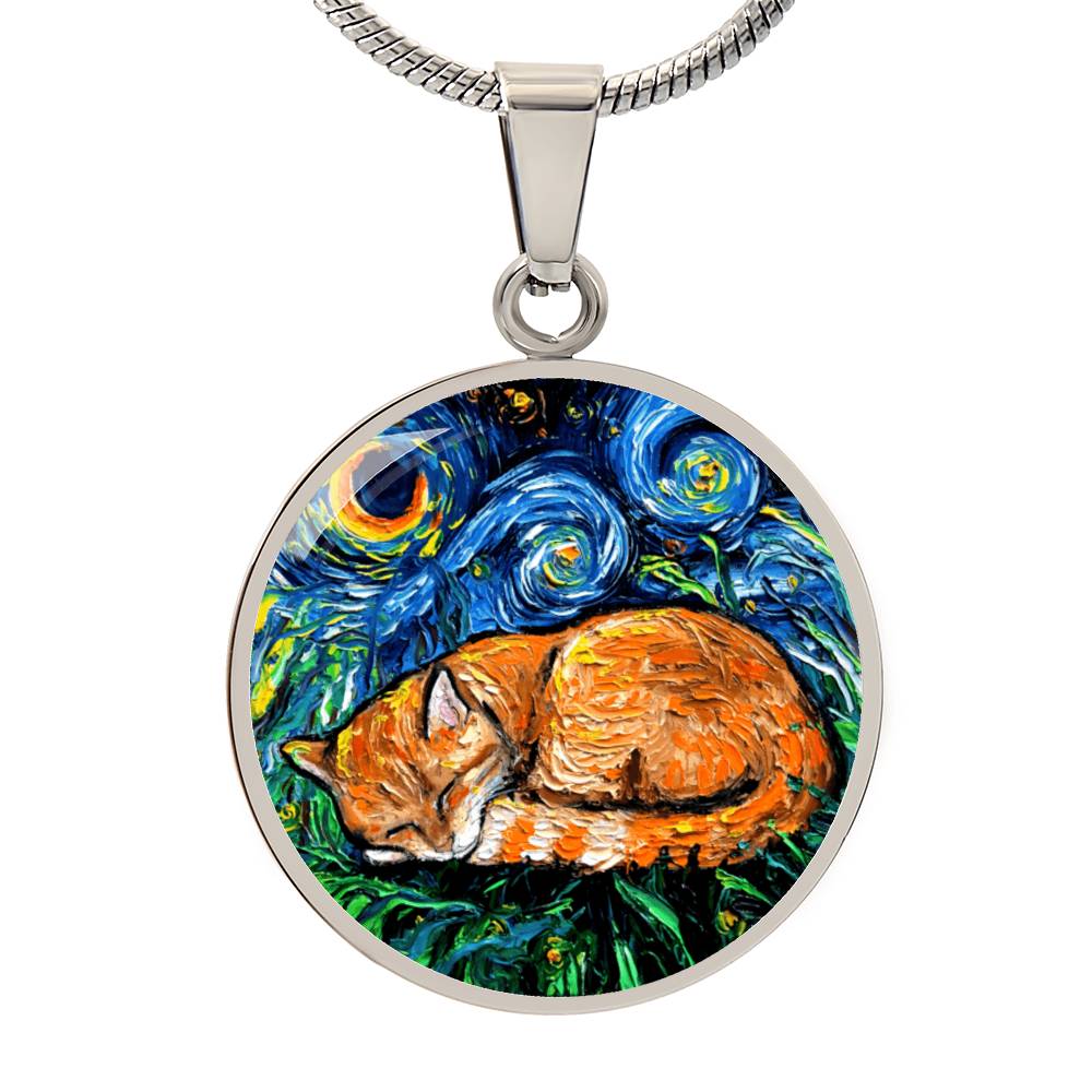 Sleeping Orange Tabby Cat Starry Night Round Necklace
