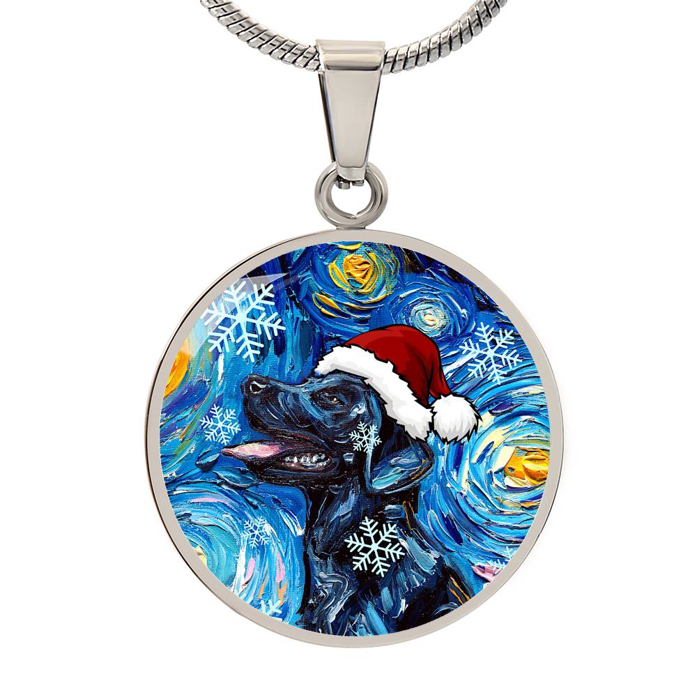 Santa Black Labrador Starry Night Round Necklace
