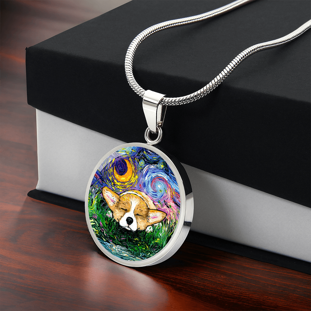 Sleeping Corgi Starry Night Round Necklace