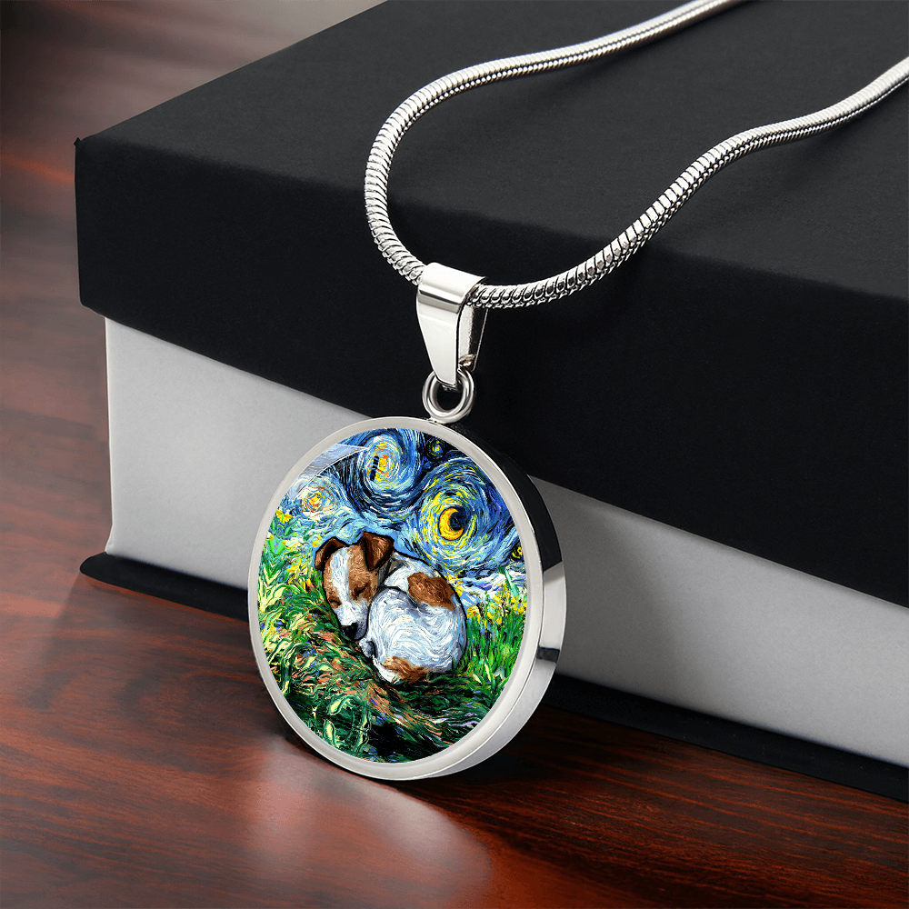 Sleeping Jack Russell Terrier Starry Night Round Necklace