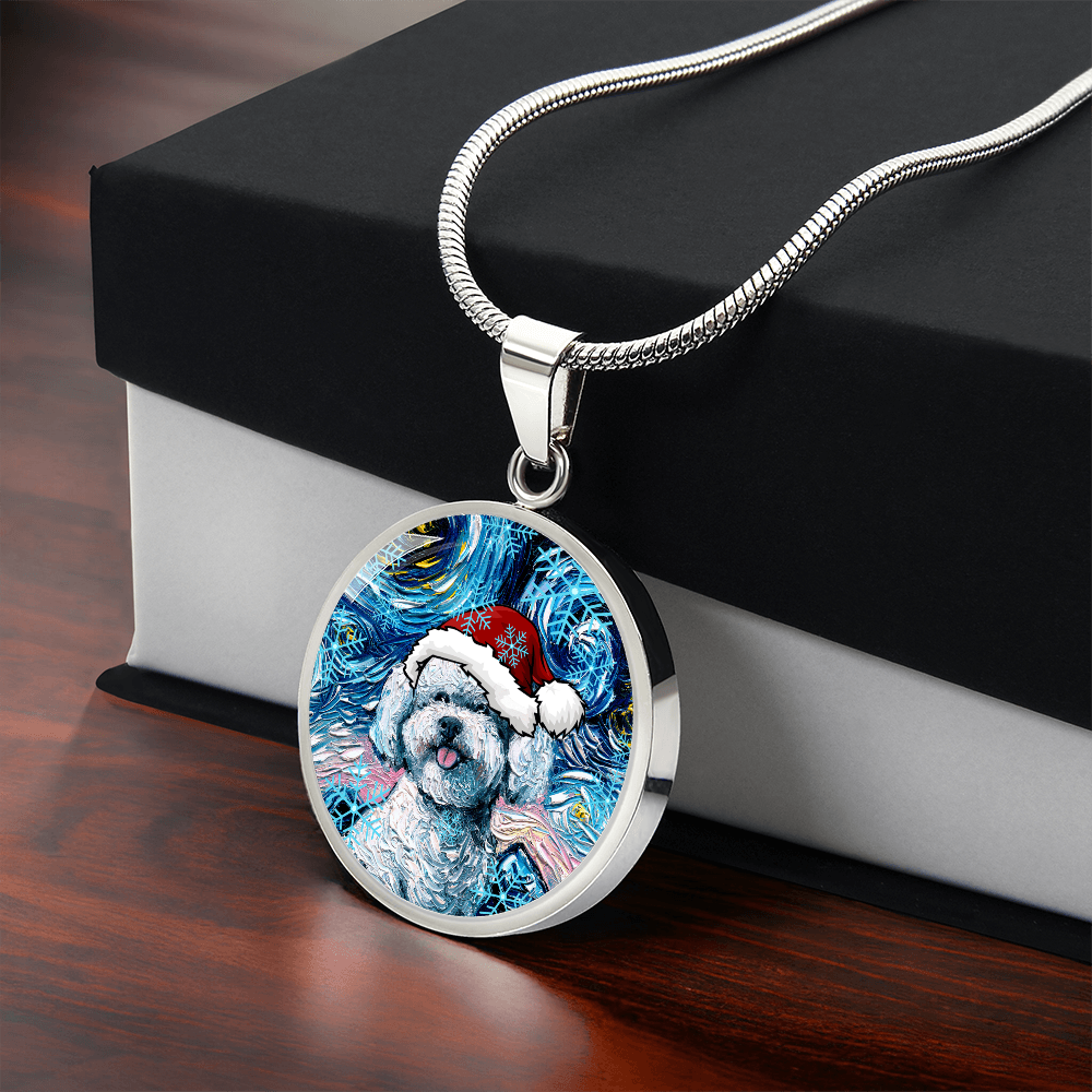 Bichon Frise In Santa Hat Starry Night Round Necklace