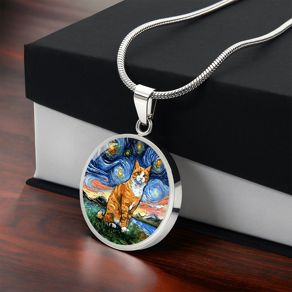 Orange Tuxedo Tabby Starry Night Round Pendant