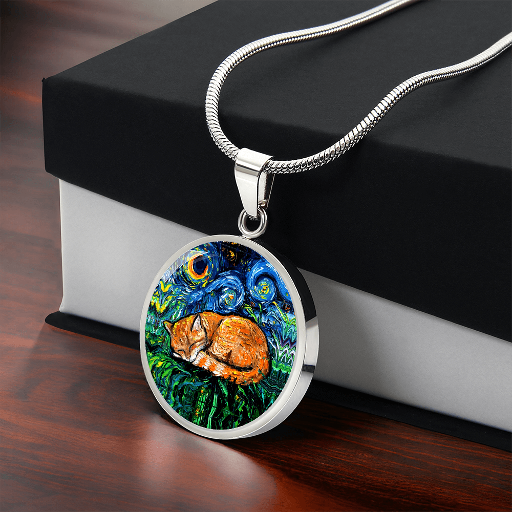 Sleeping Orange Tabby Cat Starry Night Round Necklace