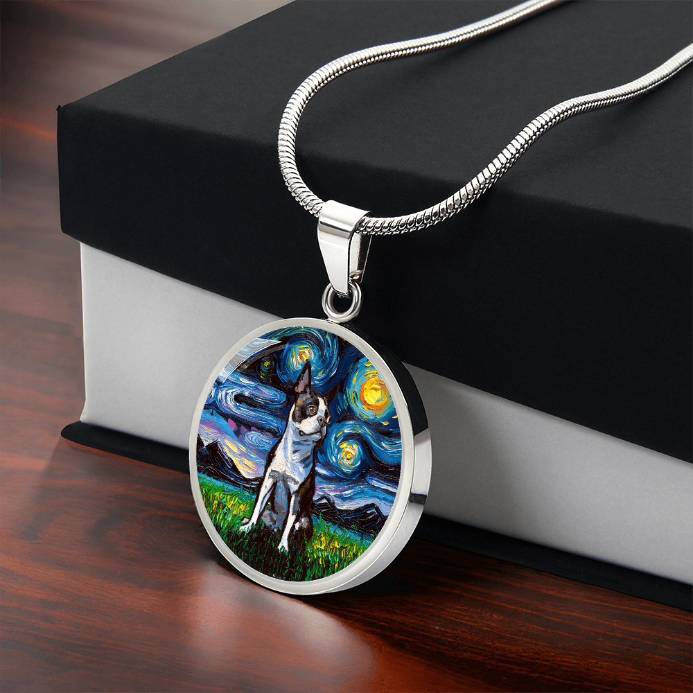 Boston Terrier Starry Night Round Necklace