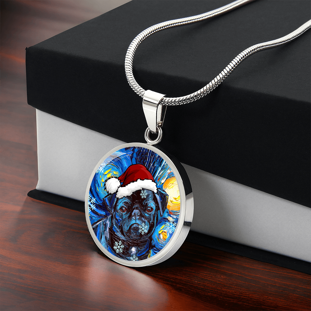Santa Black Pug Starry Night Round Necklace