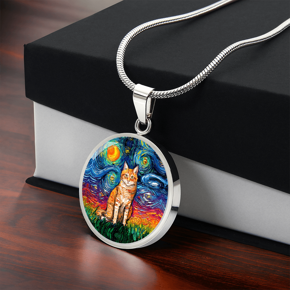 Seated Orange Tabby Cat Starry Night Heart Necklace