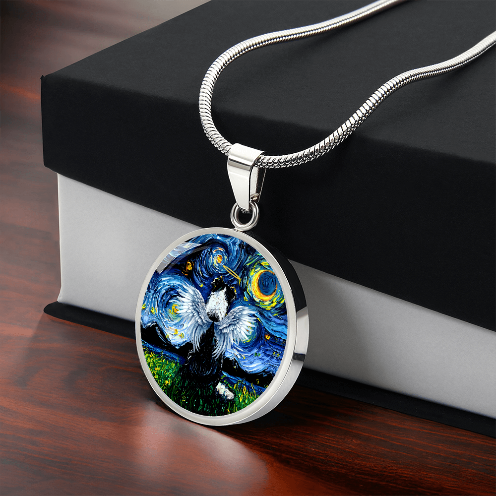 Angel Border Collie Starry Night Round Necklace