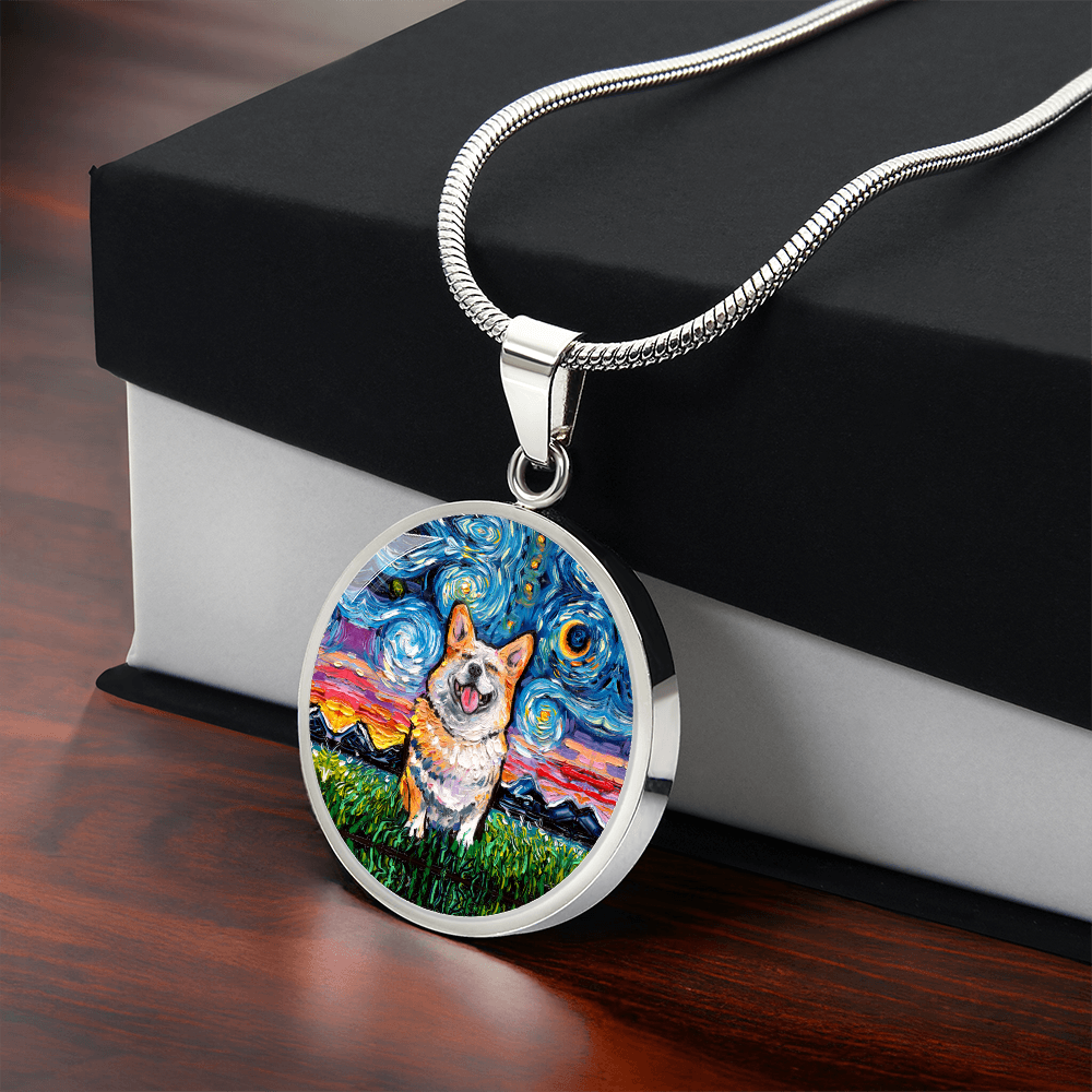 Smiling Corgi Starry Night Round Necklace
