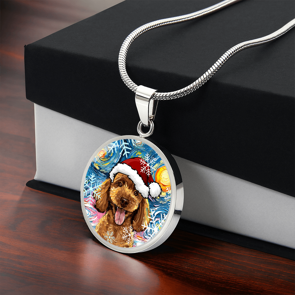 Apricot Poodle In Santa Hat Starry Night Round Necklace
