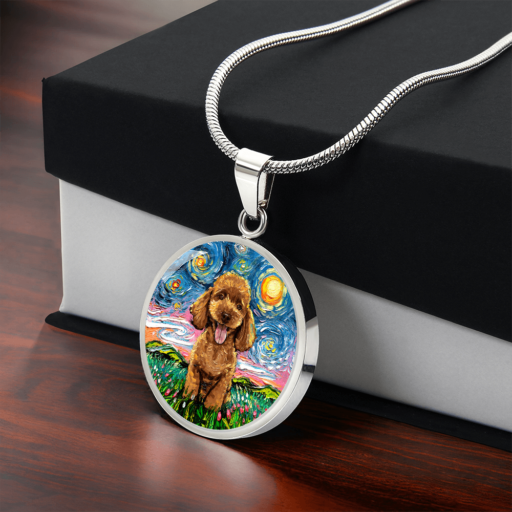 Apricot Poodle Puppy Starry Night Round Necklace