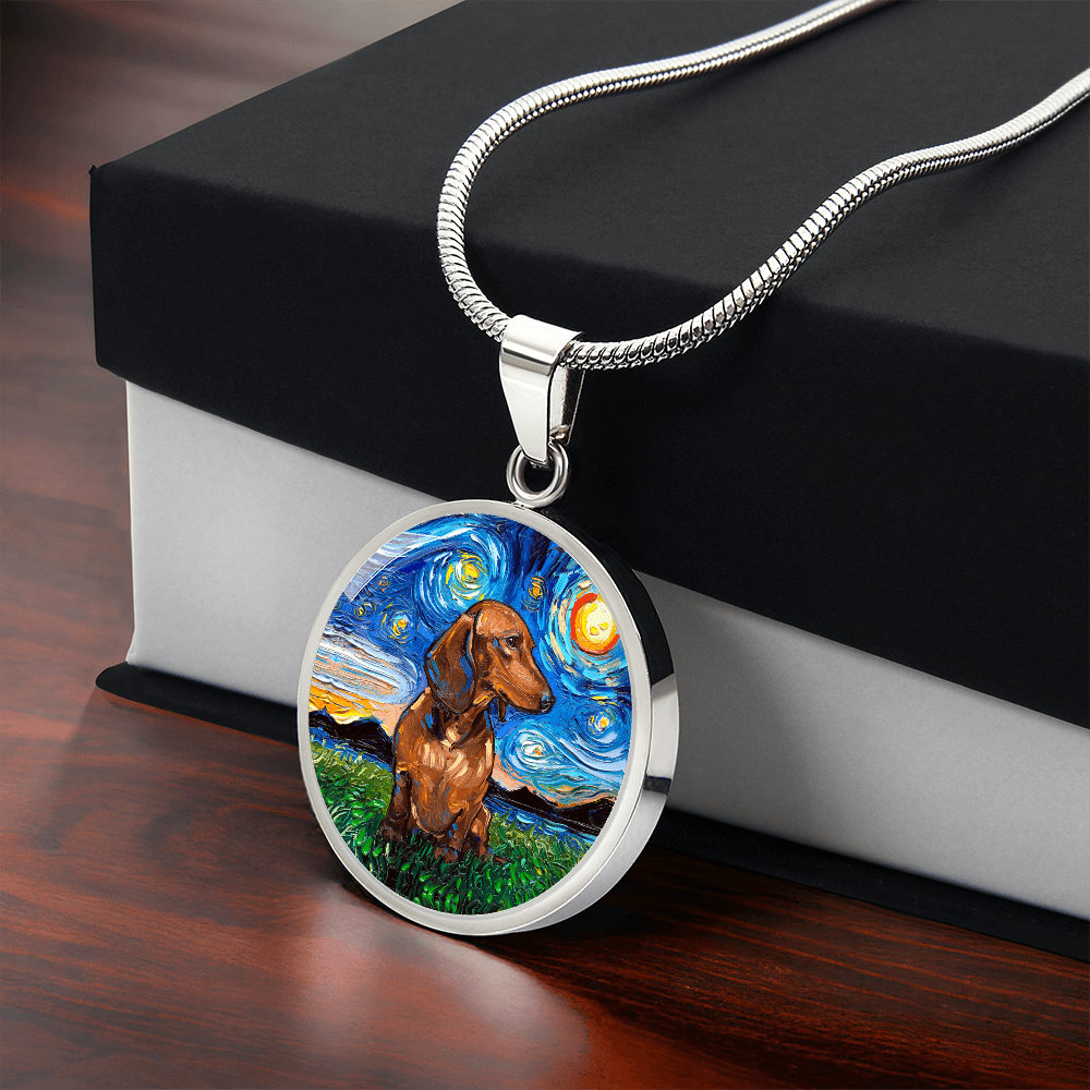Brown Dachshund Starry Night Round Necklace