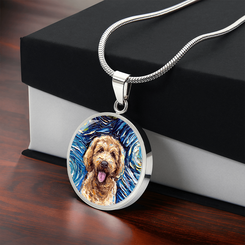 Goldendoodle Portrait Starry Night Round Necklace