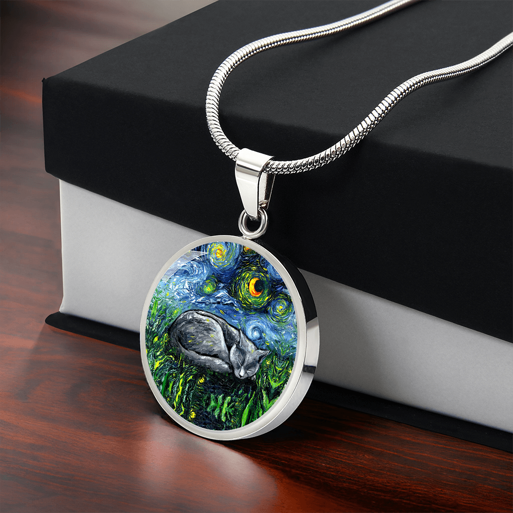 Sleeping Russian Blue Cat Starry Night Round Necklace