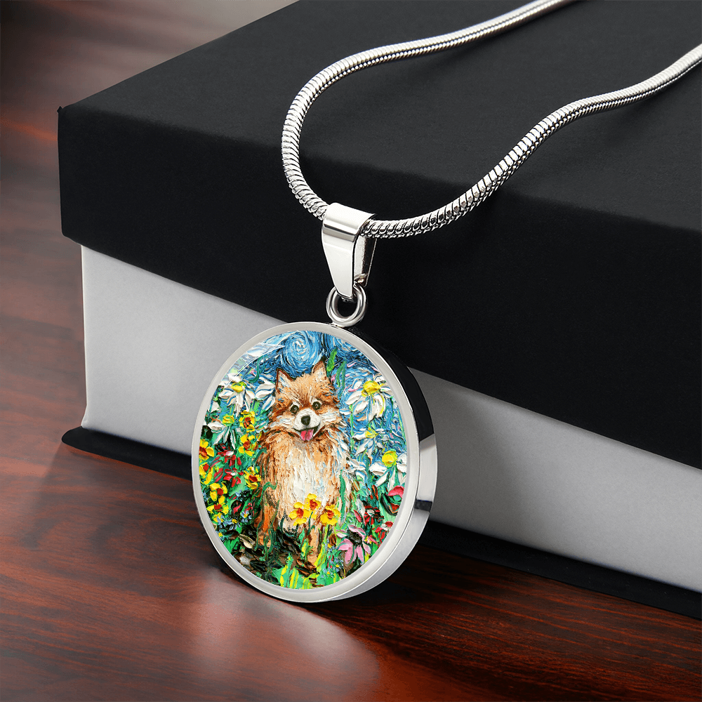 Happy Pomeranian Starry Night Round Necklace