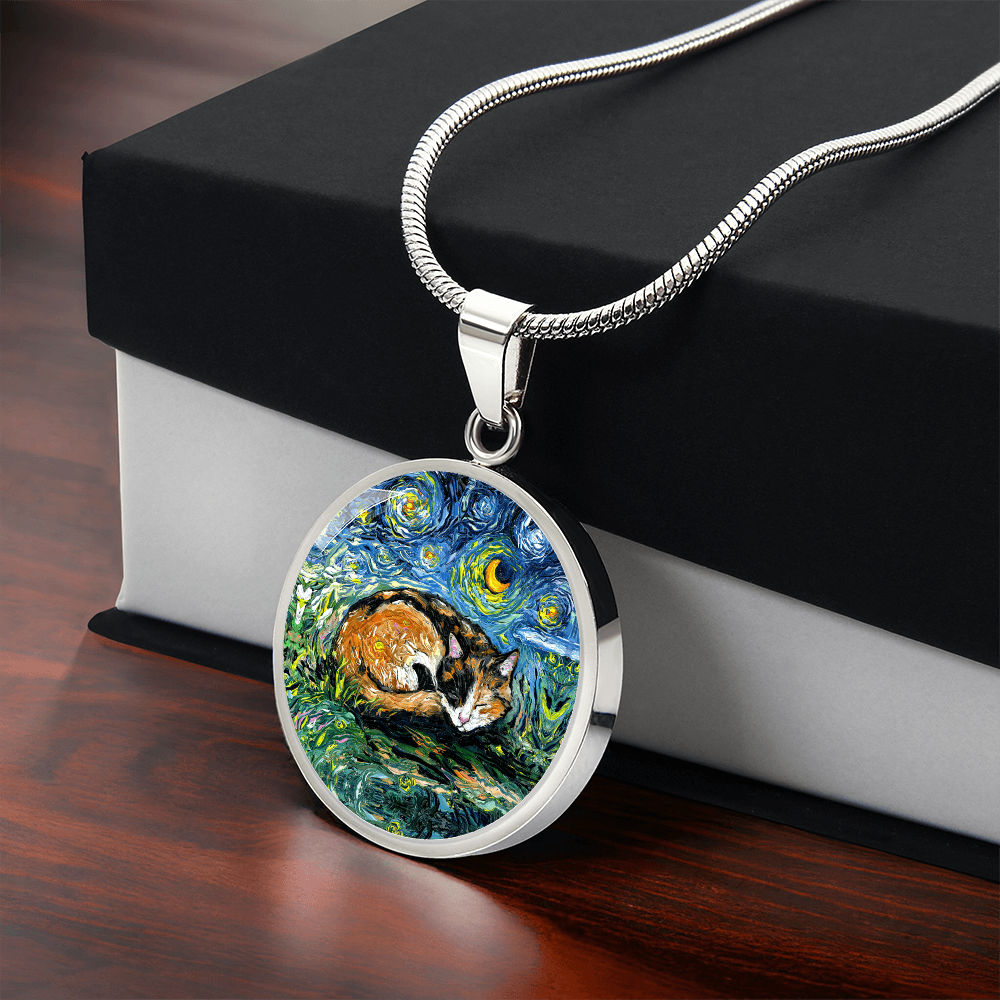 Sleeping Calico Cat Starry Night Round Necklace