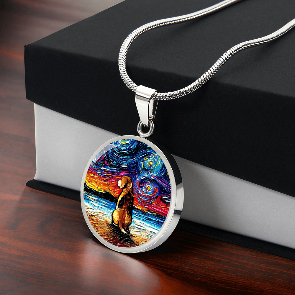 Beagle at the Beach Starry Night Round Necklace