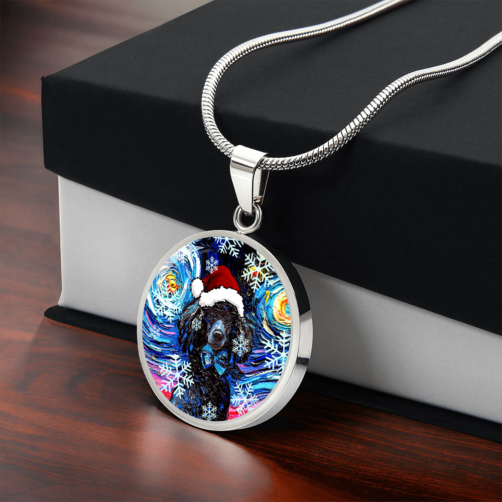Santa Black Poodle Starry Night Round Necklace