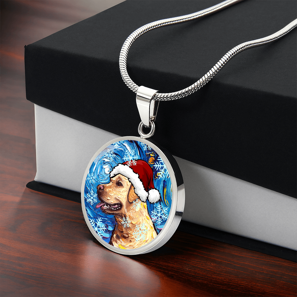 Yellow Labrador In Santa Hat Starry Night Round Necklace