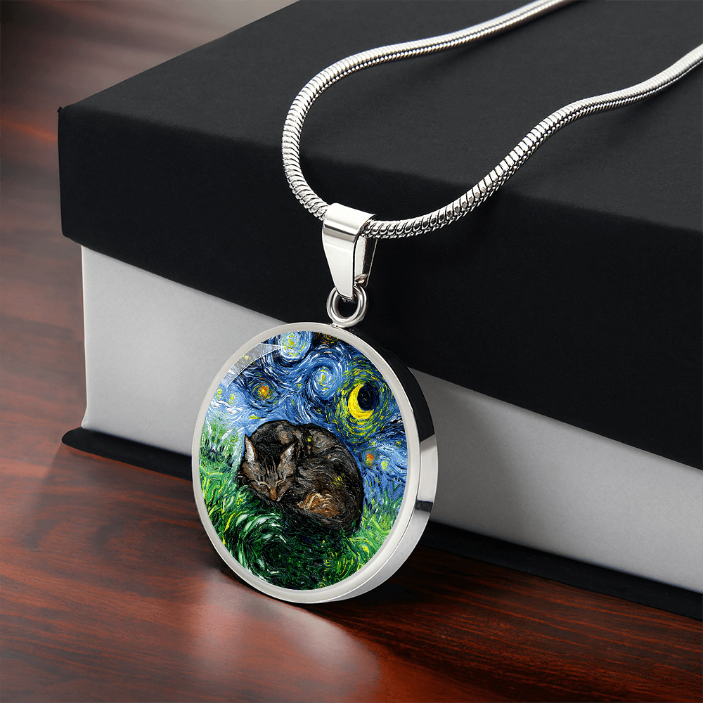 Sleeping Brown Tabby Starry Night Round Necklace