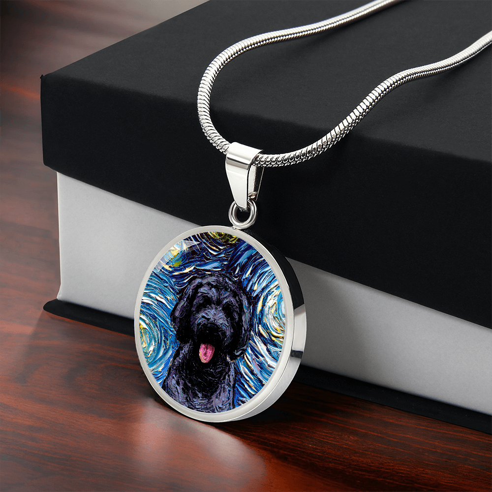 Black Goldendoodle Portrait Starry Night Round Necklace