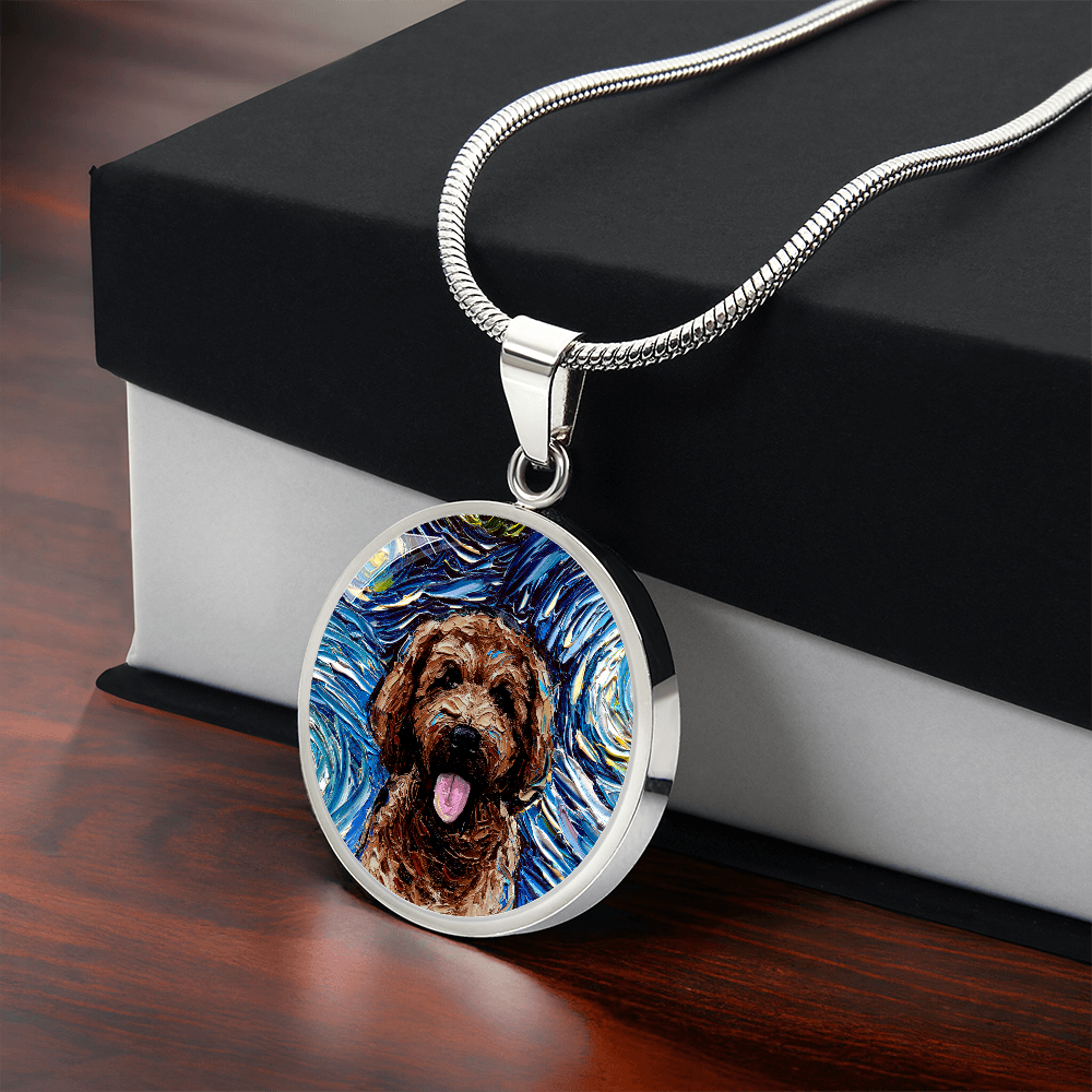 Chocolate Goldendoodle Starry Night Round Necklace