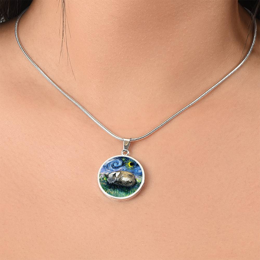 Sleeping Siamese Cat Starry Night Round Necklace