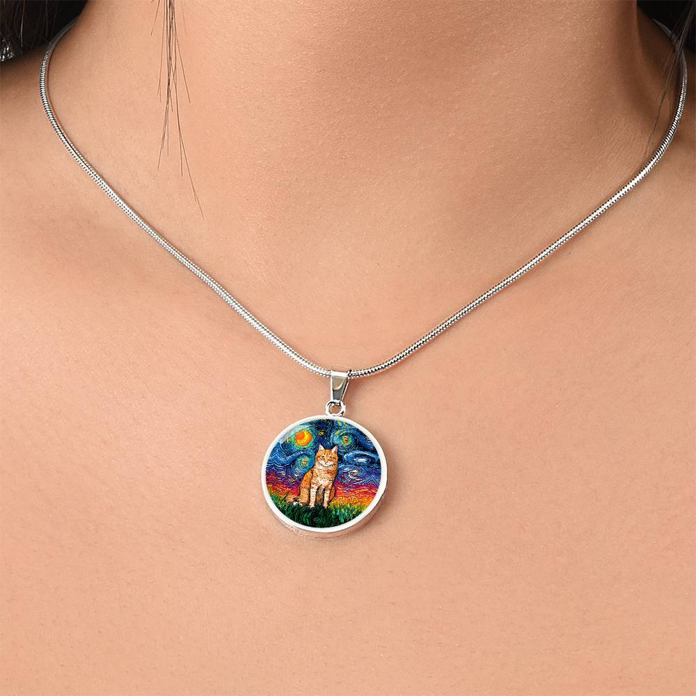 Seated Orange Tabby Cat Starry Night Heart Necklace