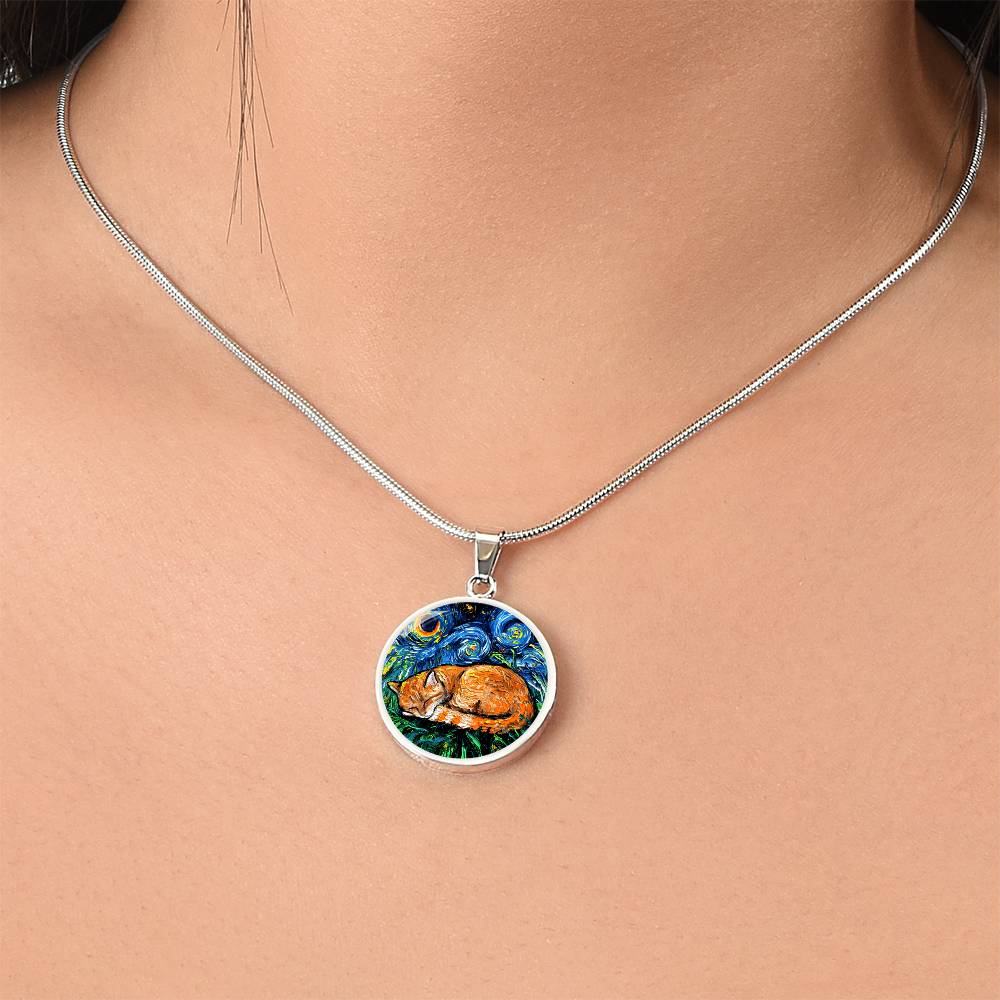 Sleeping Orange Tabby Cat Starry Night Round Necklace