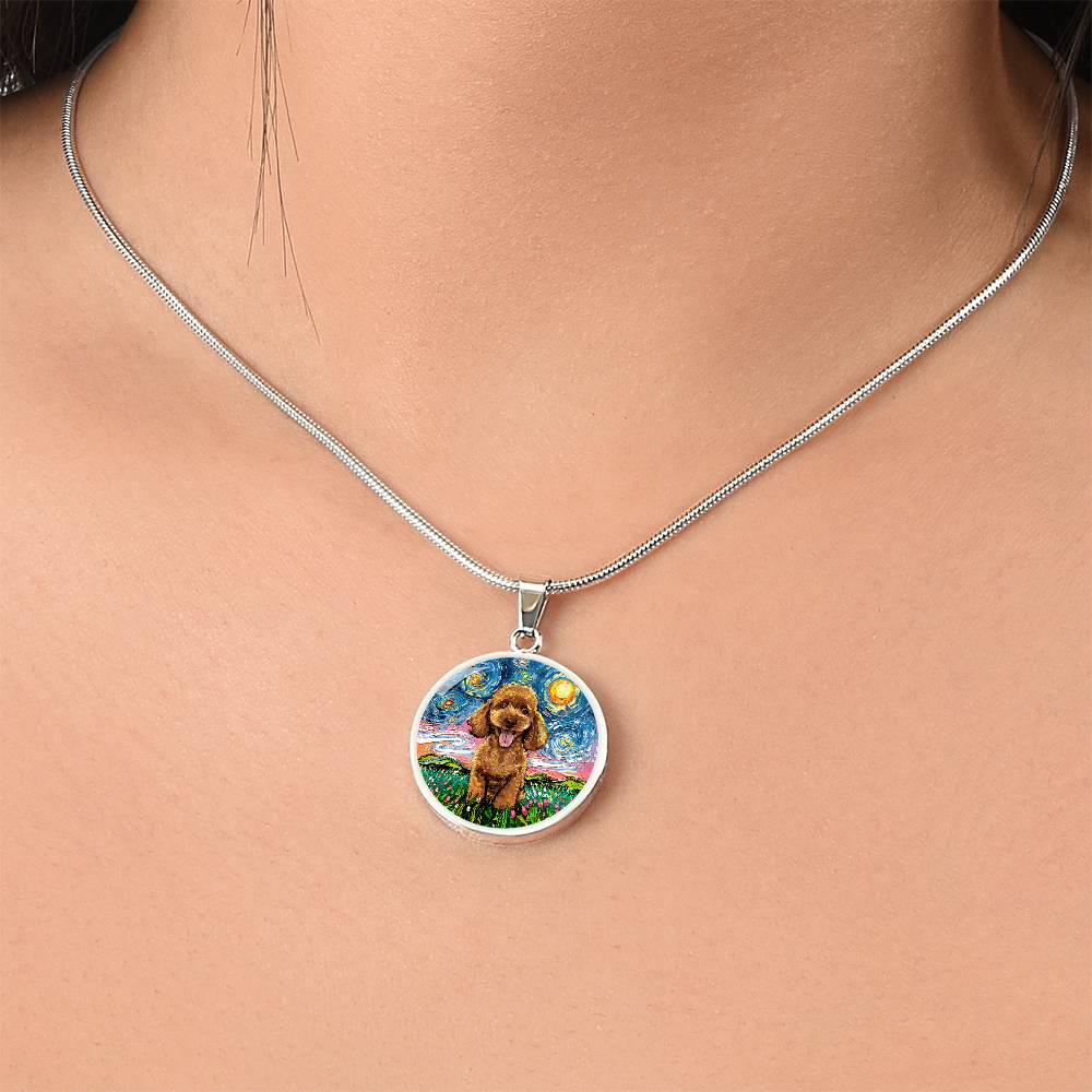 Apricot Poodle Puppy Starry Night Round Necklace