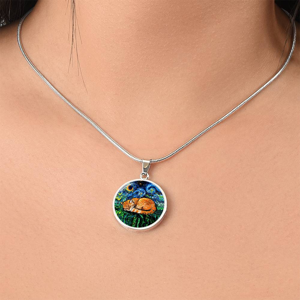 Sleeping Orange Tabby Cat Starry Night Round Necklace