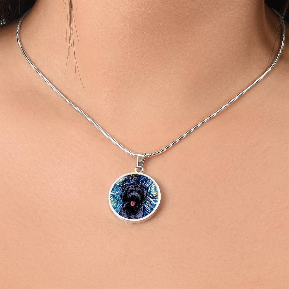 Black Goldendoodle Portrait Starry Night Round Necklace