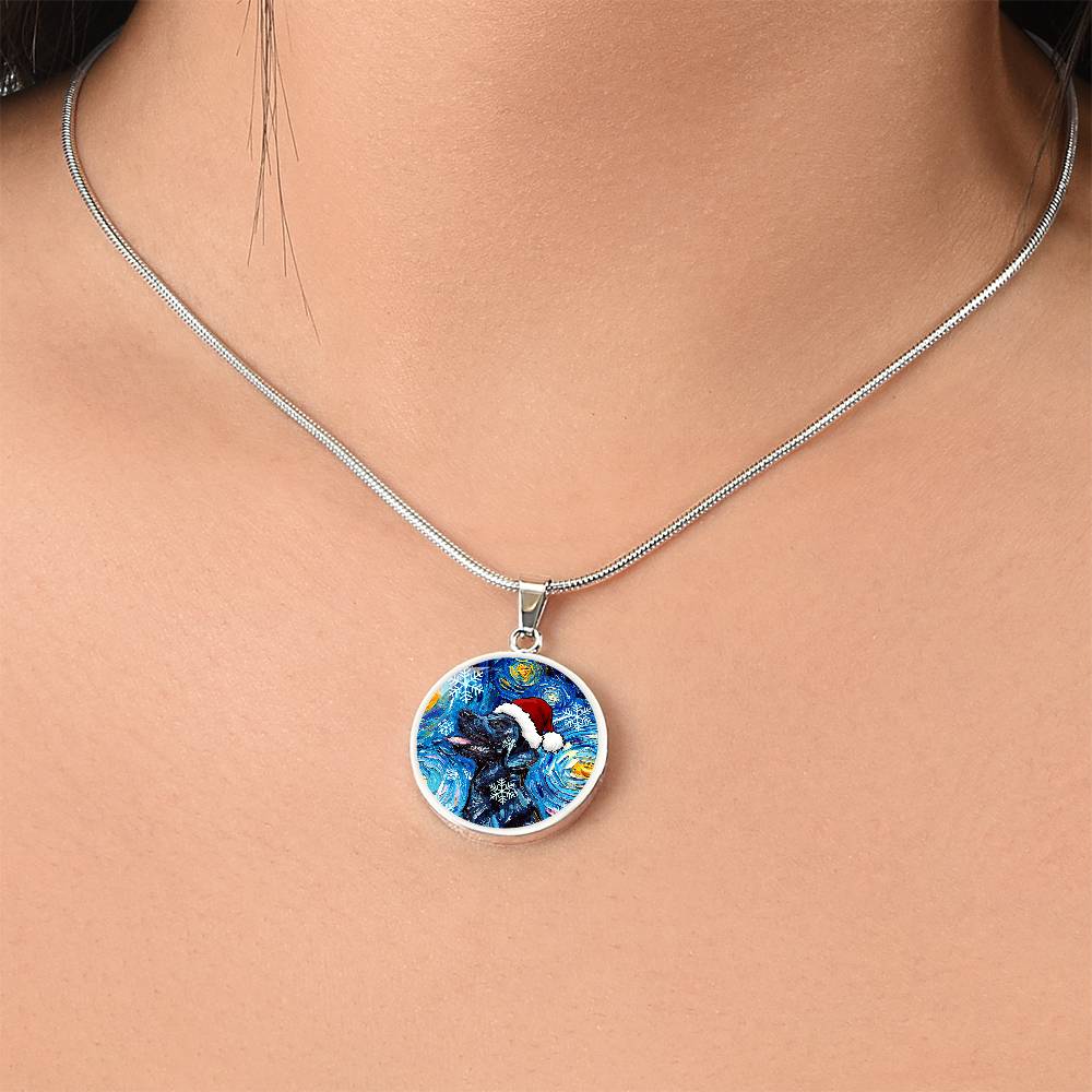 Santa Black Labrador Starry Night Round Necklace