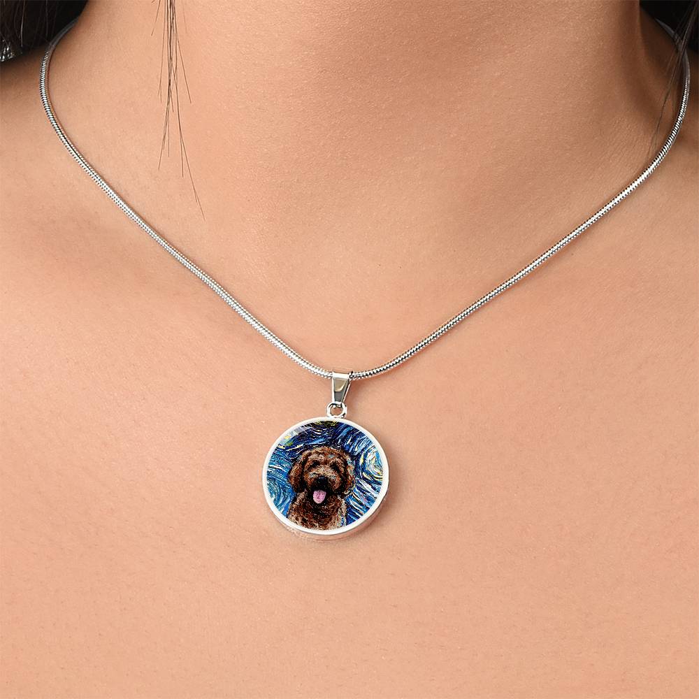 Chocolate Goldendoodle Starry Night Round Necklace