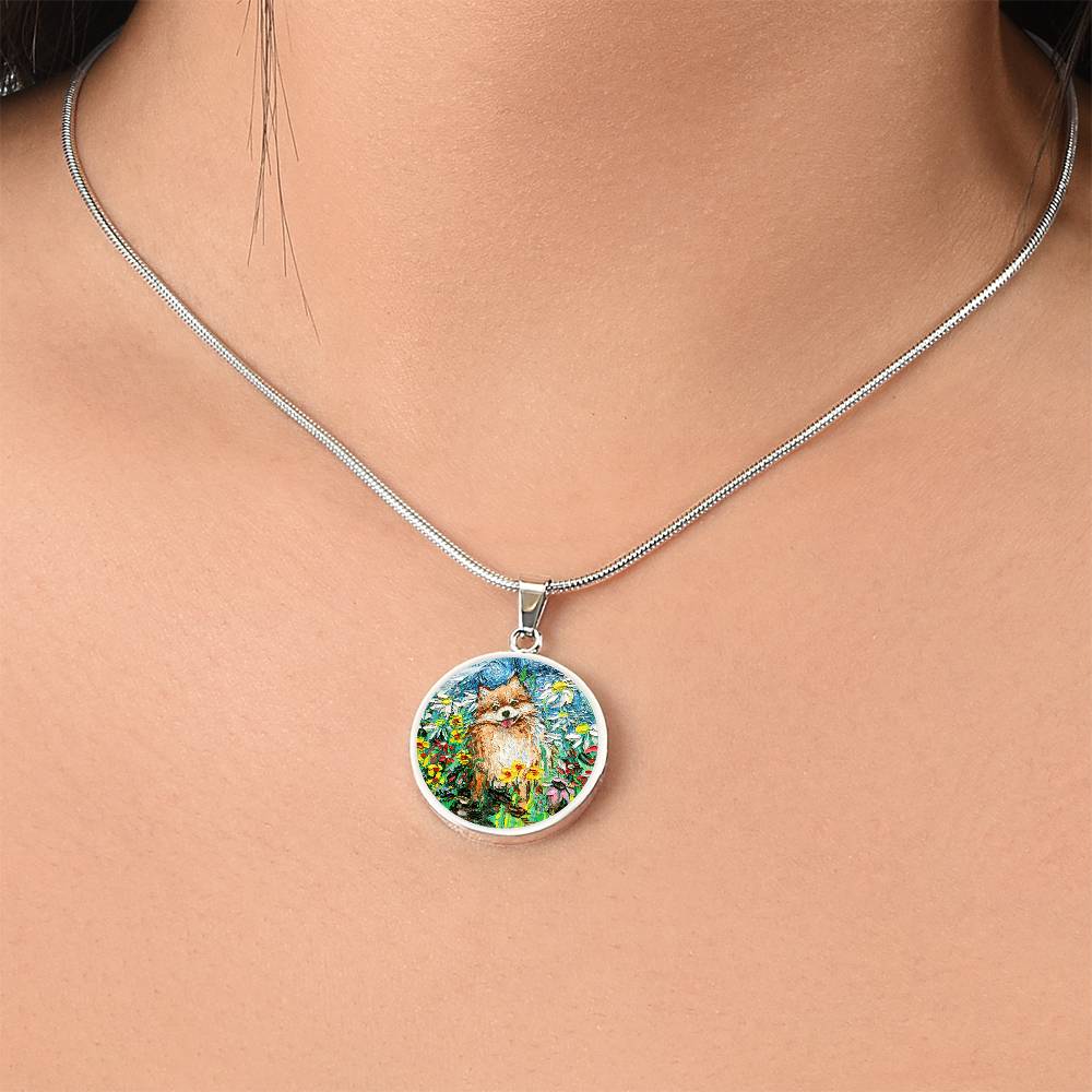 Happy Pomeranian Starry Night Round Necklace