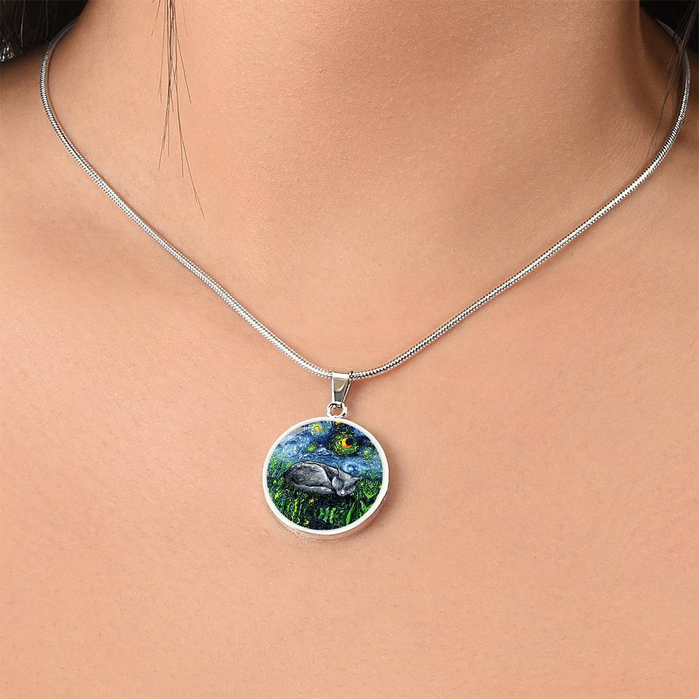 Sleeping Russian Blue Cat Starry Night Round Necklace