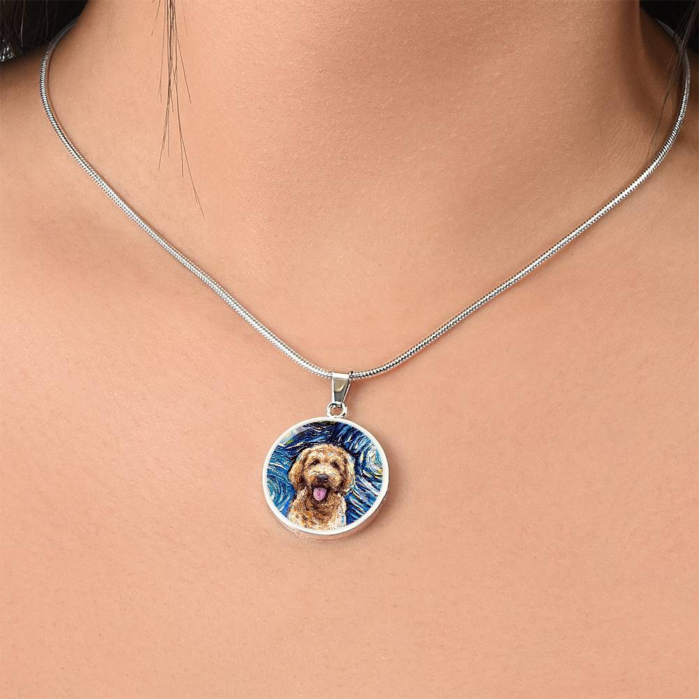 Goldendoodle Portrait Starry Night Round Necklace
