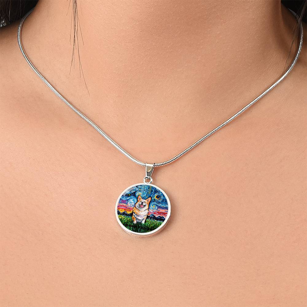 Smiling Corgi Starry Night Round Necklace